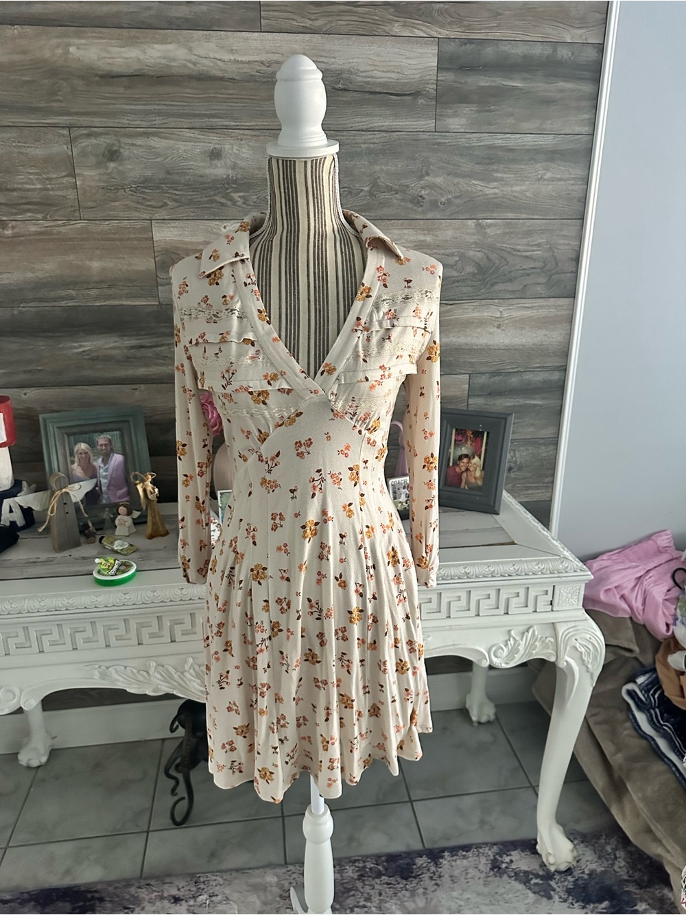 Free People Cream Floral Collared Long Sleeve Dress